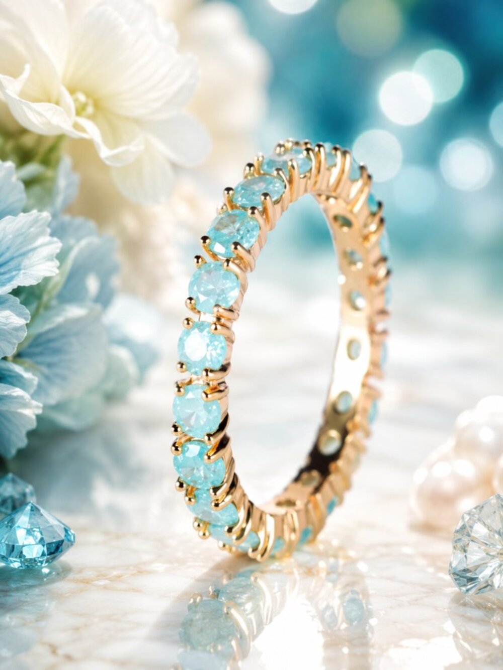 Minimalist Blue Opalite Lab Created Gem-stone Eternity Wedding Band Ring